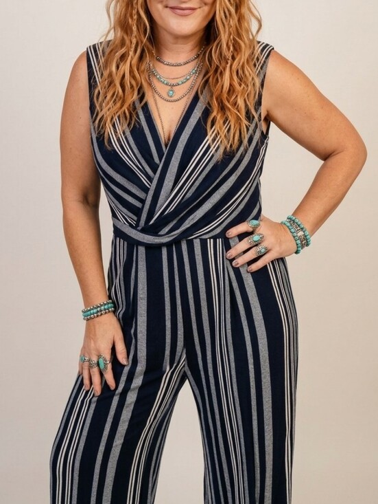 R&K Pants - LIKE-NEW Size Small Elegant Navy & White Striped Romper Wide Leg Jumpsuit